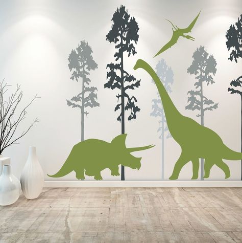 A set of handmade, matte-finish vinyl dinosaur wall decals to Jurassic up any boring wall in a dino-loving child's room. Also, they're easy to remove and won't take the paint off with them. Dinosaur Mural, Boys Wall Decor, Dinosaur Decor Bedroom, Dinosaur Room Decor, Large Wall Stickers, Dinosaur Wall Decor, Dinosaur Wall Decals, Dinosaur Bedroom, Large Wall Decals