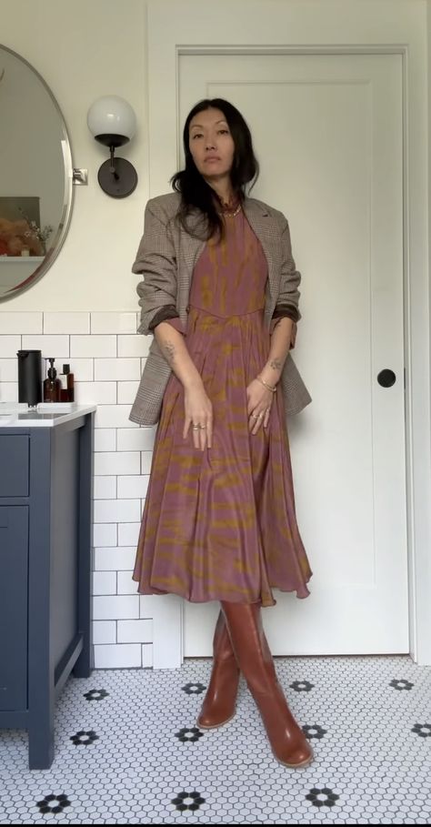 dress + blazer + tall boots Long Dress With Tall Boots, Riding Boots And Dress Outfit, Skirt With Riding Boots Outfit, Long Dress Tall Boots, Tall Boots And Skirt Outfit, Brown Riding Boots Outfit 2024, Tall Boots With Dress, Tall Boots Outfit Fall Styles, Light Brown Boots Outfit