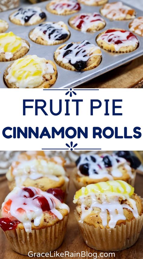 Fruit Pie Cinnamon Roll Cups are a delicious breakfast idea that you make with canned cinnamon rolls and pie filling in your favorite flavor. We're adding sweetened cream cheese in the middle for depth of flavor. It's almost like cheesecake topped with your favorite fruit filling on a fluffy cinnamon roll. This is a family favorite! OMG So good! Desserts With Pillsbury Cinnamon Rolls, Cinnamon Rolls With Cream Cheese Filling, Cinnamon Rolls With Fruit Filling, Uses For Pie Filling, What To Make With Canned Cinnamon Rolls, Cinnamon Roll Muffins Pillsbury, Cinnamon Rolls With Pie Filling, Cinnamon Rolls And Pie Filling, Muffins With Pie Filling