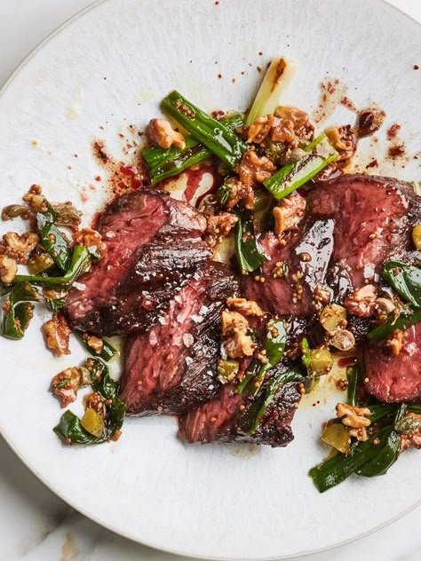 Steak Dinner Ideas, Scallion Sauce, Creamed Kale, Hanger Steak, Dinner Aesthetic, Flat Iron Steak, Paleo Meal Plan, Romantic Dinner Recipes, Bobby Flay