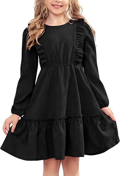 Amazon.com: Arshiner Girl's Vintage A-Line Ruffle Swing Party Solid Color Dress with Pockets for 7-8 Years: Clothing, Shoes & Jewelry Long Top Dress, Girls Ruffle Dress, Dress Book, Girls Casual Dresses, Button Long Sleeve, Puff Long Sleeves, Stylish Dress Book, Solid Color Dress, Dresses Ideas