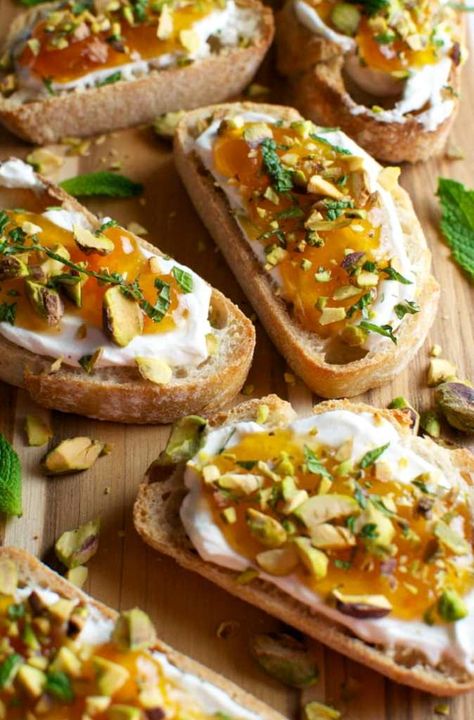 Goat Cheese and Apricot Crostini with Pistachios and Mint - Stuck On Sweet Simple Appetizer, Goat Cheese Crostini, Crostini Appetizers, Appetizer Dishes, Xmas 2024, Simply Recipes, Oven Racks, Fresh Mint, Appetizers Easy