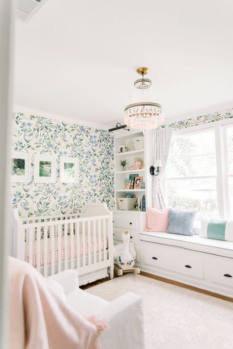 Bright floral nursery decor | Girls nursery ideas Bright Floral Nursery, Floral Wallpaper Nursery, Baby Nursery Inspiration, Floral Nursery Decor, Girl Nursery Room, Nursery Room Inspiration, Baby Room Design, Nursery Baby Room, Nursery Wallpaper