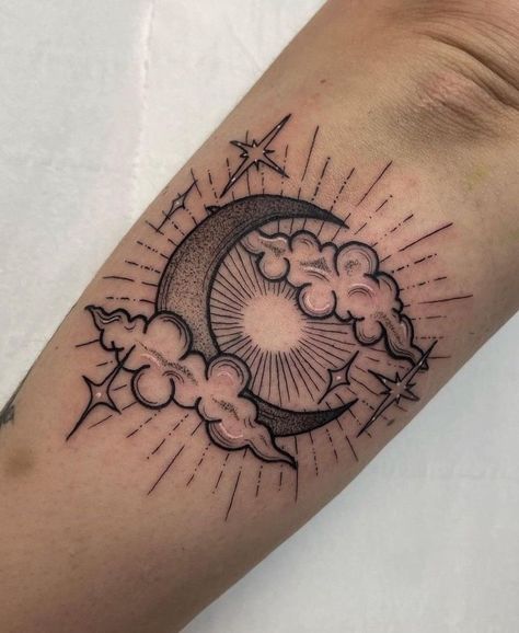 Moon And Stars Half Sleeve Tattoo, Sun Moon And Stars Tattoo For Men, Small Tattoos For Black Skin, Cloud And Moon Tattoo, Cute Cloud Tattoo, Moon Tattoo Sleeve, Half Sun Half Moon Tattoo, Patch Work Leg Sleeve Tattoo, Dreaming Tattoo