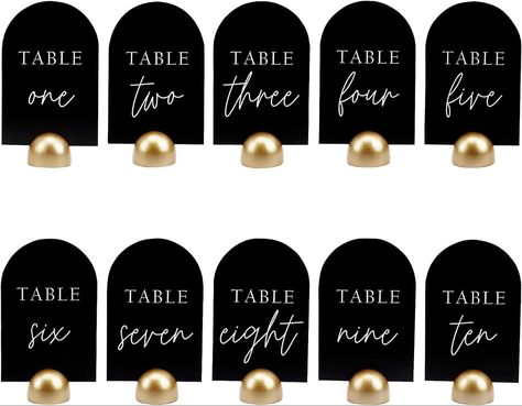 Hanna Roberts Modern Cursive Table Number Black Card Stock Half Circle Signs with Round Stand for Wedding Reception, Restaurant, Event Party, 4" x 6" (Gold, Set of 10, Numbers 1-10) Mirror Wedding Table Numbers, Reception Restaurant, Circle Signs, Calligraphy Table Numbers, Wedding Table Number Holders, Wedding Table Number Signs, Wooden Table Numbers, Gold Table Numbers, Acrylic Table Number