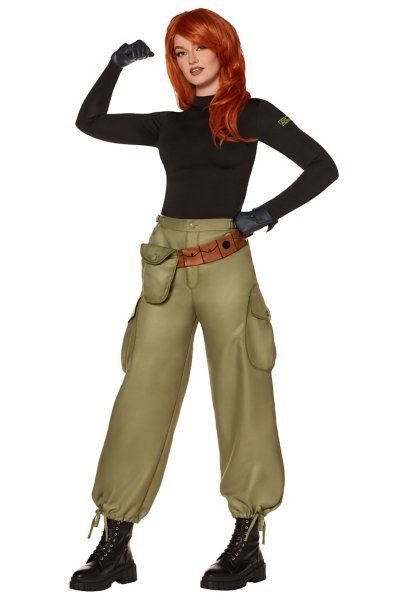 "What's the sitch?" Get ready to take down Dr. Drakken in style when you wear this officially licensed Kim Possible Costume. This incredible set includes Kim's signature black top and green cargo pants, as well as a wig, a pair of gloves, and a belt with an attached pouch. Prepare for your next mission! Officially licensed Includes: Top Pants Wig Gloves Belt with pouch Crewneck Long sleeves Zipper closure Material: Polyester, spandex Care: Spot clean Imported Note: Shoes sold separately Despicable Me Halloween Costume, Kim Possible Outfit, Kim Possible Costume, Despicable Me Costume, Kim Possible Cosplay, Halloween Costumes Brunette, Home Halloween Costumes, Disney Adult, Diy Costumes Women