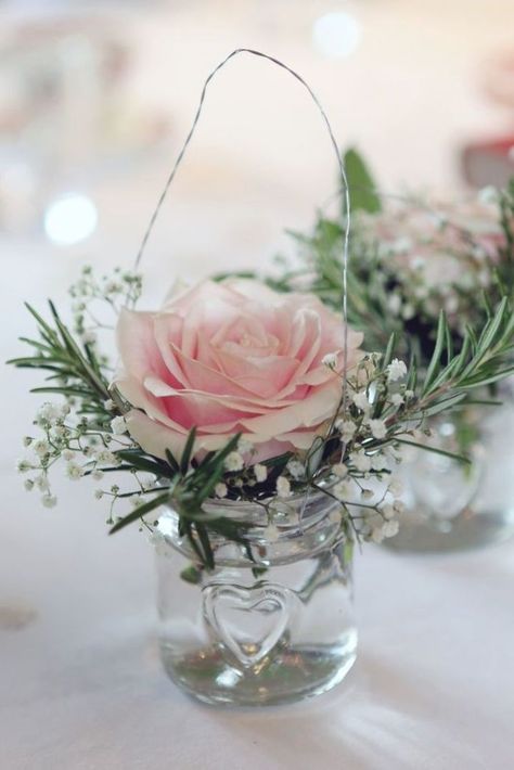 Rosemary Wedding, Jam Jar Flowers, Wedding Flowers Gypsophila, Wedding Table Pink, Jar Flowers, Flowers And Greenery, Wedding Floral Centerpieces, Wedding Table Decorations, Jam Jar