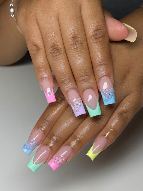 French nails Pastel Color Nails Acrylic, Spring Color French Tip Nails, Easter French Tip Nails, Pastel French Nails, Easter Color Nails, Pastel French Tip Nails, Pastel French Tips, Pastel French Tip, Acrylic Nails Simple