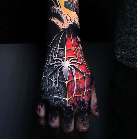 Spider-Man Hand Tattoo Teenage Tattoos Ideas Men, Spiderman Tattoo For Guys, Arsenal Tattoo, Spiderman Hand, Spiderman Tattoo, Spider Web Tattoo, Web Tattoo, Comic Tattoo, Image Spiderman