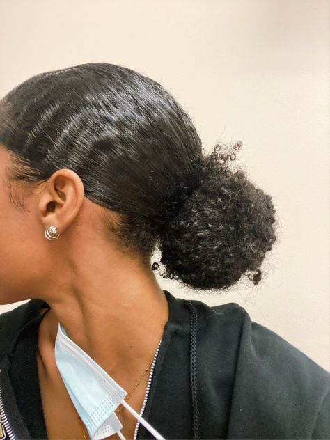 Slick Bun 4c Natural Hair, Slick Back Low Bun Natural Hair, Low Slick Bun Natural Hair, Type 4 Slick Back, Slick Back Type 4 Hair, Curly Low Bun Hairstyles For Black Women, Messy Bun 4c Natural Hair, Low Bun 4c Natural Hair, Slick Back Low Bun Curly Hair