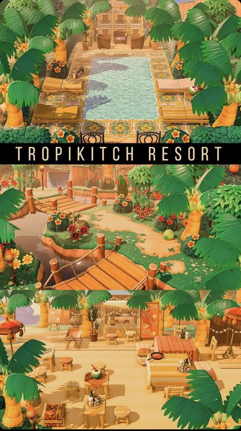 Island Theme Animal Crossing, Animal Crossing Tropical Villagers, Bamboo Area Animal Crossing, Acnh Tropical Shopping District, Acnh Tropical Ideas, Tropical Animal Crossing Island Ideas, Acnh Florida Core, Animal Crossing Resort Ideas, Animal Crossing Yoga Studio