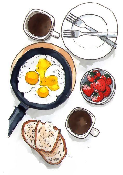 by Summer Stokes  #eggs #breakfast #toast #strawberries #coffee #brunch  #drawing  #art #painting #illustration #originalart #pen #penandink #watercolor Coffee Art Painting, Food Art Painting, Breakfast And Brunch, Food Sketch, Food Illustration Art, Texture Painting On Canvas, Food Painting, Cat Air, 수채화 그림