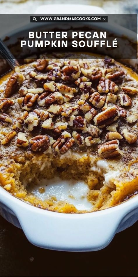 This light-as-air pumpkin soufflé is topped with buttered pecans for a nutty, sweet crunch that complements the creamy, spiced base. Perfect for dessert lovers! Buttered Pecans, Pecan Pumpkin, Pumpkin Souffle, Creamy Pie, Rich Chocolate Cake, Pumpkin Pecan, Thanksgiving Traditions, Butter Pecan, Dessert Lover