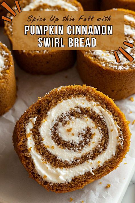 Pumpkin cinnamon swirl bread with a white kitchen background Rolls With Cream Cheese Filling, Autumn Spices, Pumpkin Rolls, Swirl Bread, Cinnamon Swirl Bread, Pumpkin Roll, Jelly Roll Pan, Seasonal Treats, Sweet Cream