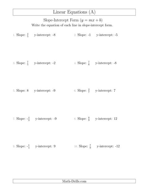 The Writing a Linear Equation from the Slope and y-intercept (A) Math Worksheet from the Algebra Worksheets Page at Math-Drills.com. Y Intercept, Algebra Equations Worksheets, Pre Algebra Worksheets, Literal Equations, Graphing Inequalities, Writing Linear Equations, 6th Grade Worksheets, Graphing Linear Equations, Solving Linear Equations