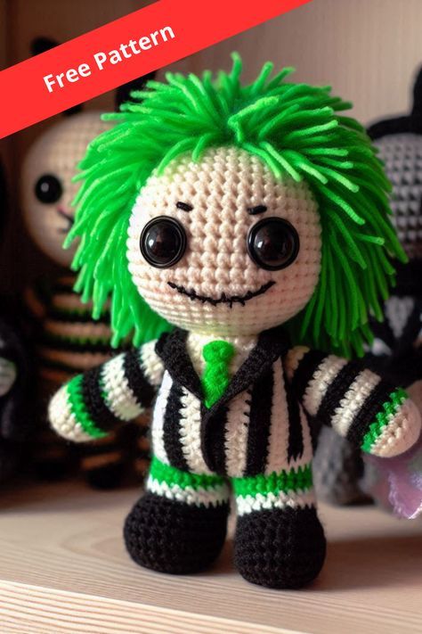 Crochet your own Amigurumi Beetlejuice Doll with this unique pattern, featuring the iconic striped suit and wild green hair of the mischievous character. Crochet Old Man Doll Free Pattern, Crochet Beetlejuice Free Pattern, Crochet A Doll Free Pattern, Edward Scissorhands Crochet Pattern, Crochet Jack And Sally Pattern Free, Crochet Scream Free Pattern, Sorting Hat Crochet Pattern Free, Popular Crochet Items To Sell Free Pattern, Beetle Juice Craft Ideas