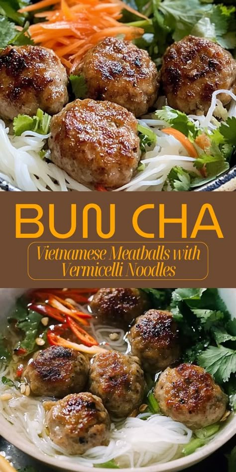 Bun Cha is a classic Vietnamese dish featuring flavorful grilled meatballs served with vermicelli noodles! 🥢🍜 With fresh herbs, tangy dipping sauce, and tender noodles, this dish is bursting with authentic Vietnamese flavors. Perfect for a healthy, light meal that’s full of freshness.  📌 Pin this recipe to make delicious and authentic Bun Cha with vermicelli noodles for your next meal! #BunCha #VietnameseCuisine #VermicelliNoodles #HealthyMeals #FlavorfulEats #AsianFood Bun Cha Recipe, Vietnamese Pork Meatballs, Cha Recipe, Vietnamese Meatballs, Healthy Quick Meals, Vietnamese Grilled Pork, Menu Calendar, Vietnamese Pork, Pork Noodles