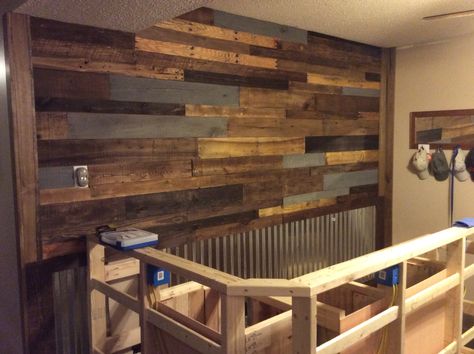 The pallet wall behind the bar is done. One step closer. Behind Bar Wall Ideas, Bar Wall Ideas, Modern Home Bar Designs, Home Bar Plans, Small Bars For Home, Kitchen Bar Design, Home Bar Signs, Home Bar Cabinet, Wood Plank Walls