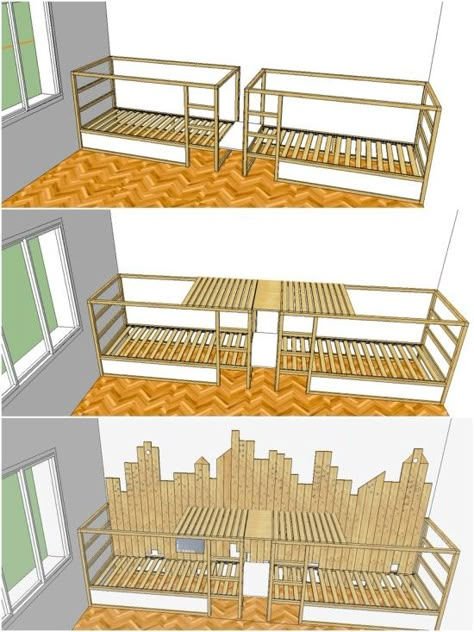 Ikea Kura triple bunk bed - plans Girls Bedroom Ideas With Bunkbeds, Triple Bunk Beds Plans, Ikea Bunk Bed, Ikea Kura Hack, 3 Bunk Beds, Kura Hack, Mommo Design, Bunk Bed Plans, Triple Bunk Beds