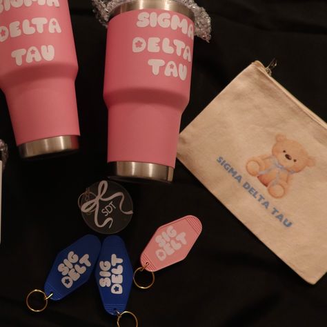 Get ready for big little reveal with custom goodies💖💖 -cups $14 -keychain $4 -pouch $5 -tote $8 #smallbusiness #fau #college #pins #buttons #sorority #gameday #floridaatlantic #custommerch #custom #explore #parentswknd #explorepage #biglittle Sigma Delta Tau, Big Little Reveal, Big Little, Sorority, Get Ready, Pouch, Pins