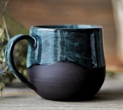 Glazed Pottery Mugs, Ceramic Fish Mug, Pottery Tea Cup Ideas, Glazed Coffee Mugs, Coffee Mug Pottery, Watercolor Mug, Dark Clay Glaze Ideas, Dark Ceramics, Dark Pottery