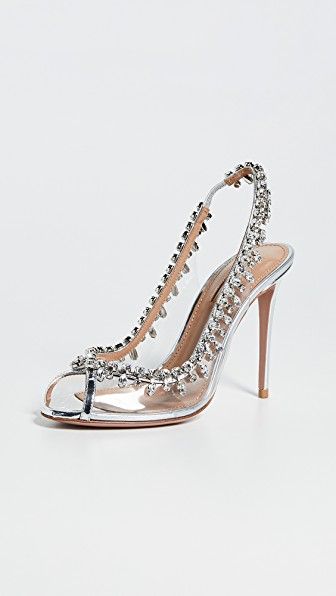 AQUAZZURA TEMPTATION 105 EMBELLISHED METALLIC LEATHER AND PVC SLINGBACK PUMPS. #aquazzura #shoes Aquazzura Temptation, Best Bridal Shoes, Silver Outfits, Aquazzura Shoes, Crystal Sandals, Bridal Heels, Gorgeous Shoes, Fabulous Shoes, Dream Shoes