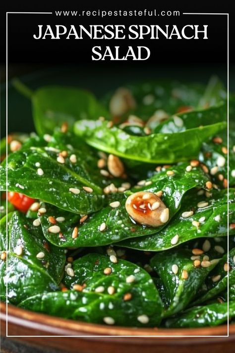 A refreshing and nutritious Japanese Spinach Salad, dressed with a savory sesame dressing and topped with toasted sesame seeds. Perfect as a side dish or light meal! Japanese Spinach With Sesame, Japanese Spinach Salad With Sesame Dressing, Asian Spinach Salad, Japanese Spinach Salad, Korean Spinach Salad, Asian Side Salad, Spinach Side Salad, Water Chestnut Salad, Asian Spinach