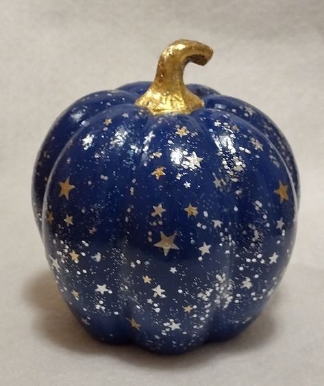 Little resin pumpkin is painted dark blue and decorated with metallic, temporary tattoos and glitter nail polish. Pumpkin Painting Starry Night, Blue Painted Pumpkin, Celestial Pumpkin, Celestial Painted Pumpkins, Starry Night Pumpkin Art Lesson, Starry Night Pumpkin, Paint Pumpkin, Resin Pumpkin, Glitter Nail Polish