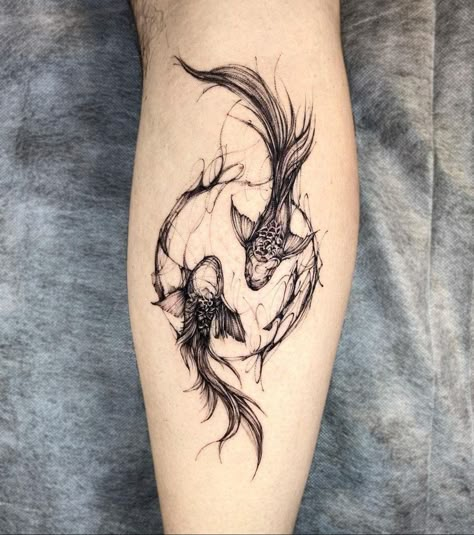 Male Pisces Tattoo, Pieces Zodiac Tattoo For Men, Black And Gray Koi Fish Tattoo, Joga Bonito Tattoo, Minimalist Tattoo Pisces, Dark Pisces Tattoo, Tato Koi, Dark Koi Fish Tattoo, Mens Koi Fish Tattoo