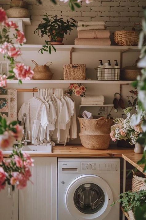 Unfinished Laundry Room Ideas: Transform Your Space Cozy Cottage Laundry Room, Floral Laundry Room Ideas, Fresh Laundry Aesthetic, Peach Laundry Room, Unfinished Laundry Room Ideas, Cottagecore Laundry Room, Unfinished Laundry Room, Cute Laundry Room, Cottage Laundry