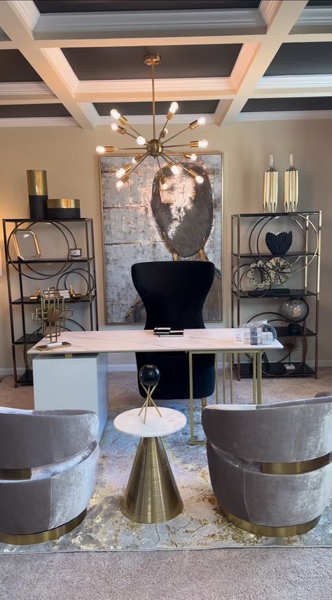 Glam Office Aesthetic, Corporate Apartment Decor, Modern Girly Office, High Fashion Office Decor, Beauty And Office Room, Dark Office Aesthetic Luxury, Bougie Office Ideas, Black White And Gold Home Office, Gold Office Aesthetic