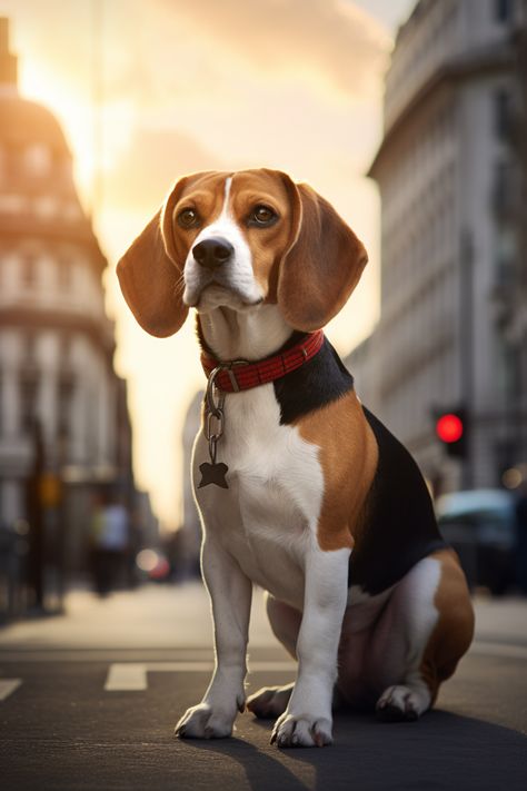 a photography of a beagle dog in a city background, street and buildings. Beagle Dogs, Beagle Art, Urban Dog, Dog Frames, City Dog, Wild Beauty, Beagle Puppy, Dog Wallpaper, Beagle Dog