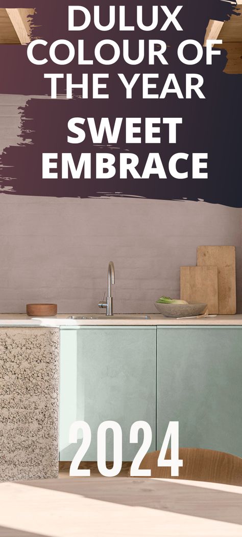 Dulux colour of the year sweet embrace 2024, delicate pink kitchen with green cabinetry and sink, wooden chopping boards propped up on the side. Dulux 2023 Color Trends, Paint Colors Of The Year 2024, 2024 Colours Of The Year, Sweet Embrace Dulux Paint, Colours For 2024, Best Dulux Paint Colours, Dulux Colour Of The Year 2023, Dulux Sweet Embrace, Interior Colour Trends 2024