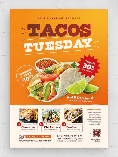 Taco Tuesday Flyer Template AI, EPS Taco Tuesday Flyer, Taco Poster, Tacos Menu, Types Of Tacos, Taco Restaurant, Restaurant Ad, Del Taco, Food Flyer, Menu Flyer