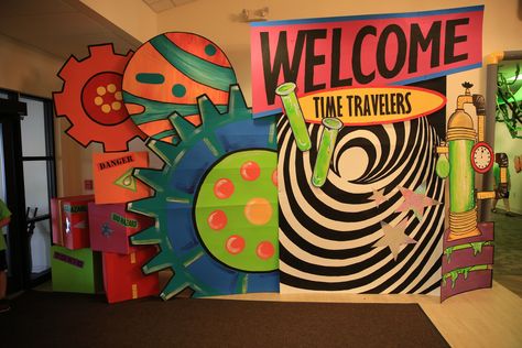 Welcome your time travelers to #TimeLab #VBS2018 with a fun display like this one! Time Machine Party Decorations, Time Travel Decorations Vbs, Time Lab Vbs Decorations, Time Travel Decorations, Time Machine Decorations, Travel Decorations, Science Lab Decorations, Time Travel Machine, Maker Fun Factory