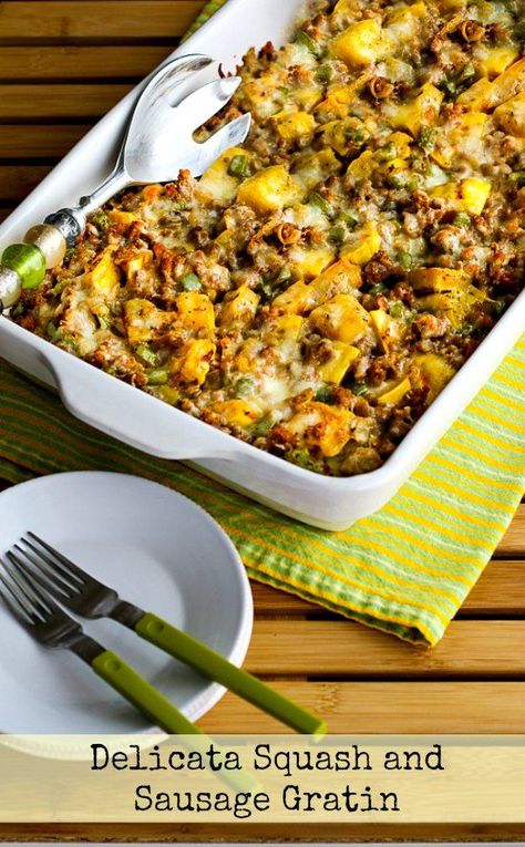 Delicata Squash and Sausage Gratin (Gluten-Free) found on KalynsKitchen.com Easy Delicious Casseroles, Delicata Squash Recipe, Csa Recipes, Delicata Squash, Squash Recipe, Healthy Casseroles, Winter Squash, Squash Recipes, Easy Casserole