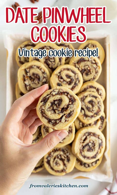 These vintage Date Pinwheel Cookies are a nostalgic choice for your holiday cookie trays. Cookie dough is rolled with a sweet date filling to create these delicious treats. Date Filling Recipe, Date Pinwheel Cookies, Date Filling, Pinwheel Cookies Recipe, Gooey Chocolate Chip Cookies, Date Cookies, Pinwheel Cookies, Holiday Baking Recipes, Christmas Candy Recipes