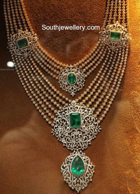 Layered Diamond Haram photo Necklace Gold Indian, Diamond Haram, Indian Diamond Jewellery, Long Haram, Diamond Wedding Jewelry, Diamond Necklace Designs, Bridal Diamond Jewellery, Antique Jewelry Indian, Indian Jewellery Design