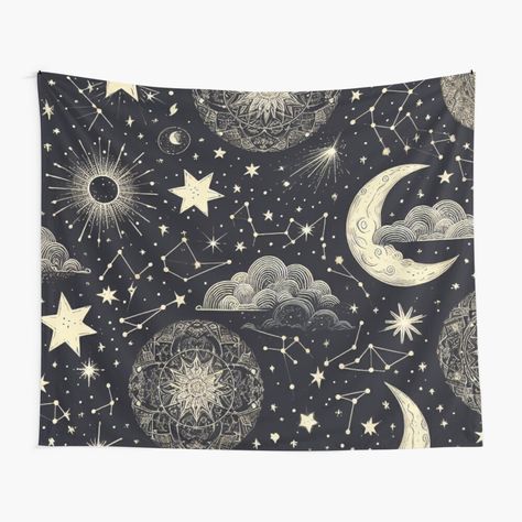 Get my art printed on awesome products. Support me at Redbubble #RBandME: https://www.redbubble.com/i/tapestry/Starry-Night-Sky-by-LyssasMindArt/157373031.ODB3H?asc=u Constellation Tapestry, Sky Tapestry, Celestial Design, Moon Tapestry, Starry Night Sky, White Stars, The Night Sky, Tapestry Design, Room Inspo