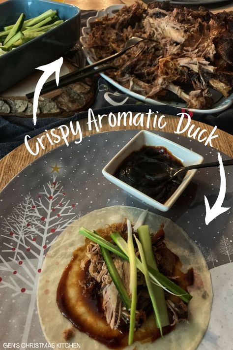 Crispy Aromatic Duck served with pancakes, shredded cucumber and spring onion, and hoisin sauce, from Gen's Christmas Kitchen. Crispy Aromatic Duck, Eastern Recipe, Duck Pancakes, Best Roast Potatoes, Christmas Starters, Chinese Menu, Duck Recipe, Duck Fat, Duck Recipes