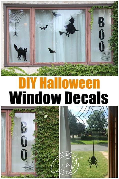 Make your own Halloween window decorations with these DIY custom window decals made with temporary adhesive vinyl. Create a spooky Halloween scene in your windows to wow trick-or-treaters! #DIYHalloween #Halloween #HalloweenDecorations #halloweencrafts #HalloweenWindowDecorations Diy Halloween Window Decorations, Diy Halloween Window, Spooky Window, Window Halloween, Halloween Window Clings, Halloween Window Decorations, Halloween Decor Diy, Diy Wall Decals, Vinyl Window Decals