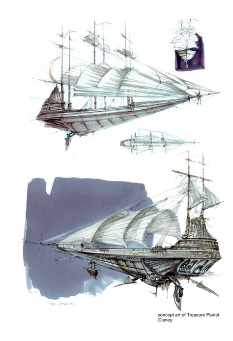 Treasure Planet Concept Art, Planet Concept Art, Steampunk Ship, Flying Ships, Airship Art, Fantasy Ships, Fantasy Vehicles, Flying Ship, Air Ship