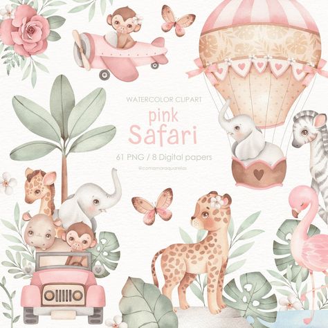 Pink Safari, Baby Animal Drawings, Animals Watercolor, Wild Baby, Kids Room Wallpaper, Baby Themes, Valentine Photography, Safari Birthday, Safari Party