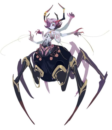 Spider Anime Character, Spider Queen Character Design, Magical Humanoid Creatures, Dnd Spider Character, Insect Hybrid Art, Spider Monster Concept Art, Spider Character Design Concept Art, Arachne Character Design, Bug Oc Character Design