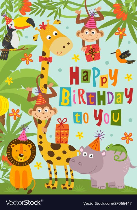 Happy Birthday Animals, Happy Birthday Drawings, Happy Birthday Illustration, Animal Theme Birthday, Safari Animals Birthday, Happy Birthday Art, Birthday Card Funny, Birthday Illustration, Vintage Birthday Cards