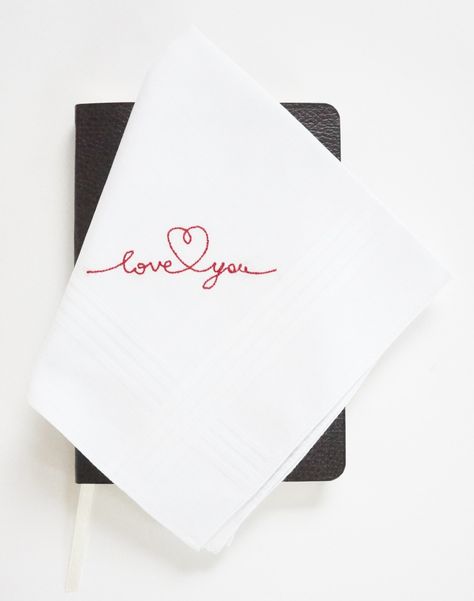 LOVE NOTE FONT Men's Embroidered Monogrammed Handkerchief that says "love you" with a heart, perfect as a Groom's Wedding Hankie or a Personalized Pocket Square for an Anniversary - more monogrammed ladies' and men's handkerchiefs available from DonovanDesignLinens.com and DonovanDesignLinens on Etsy. Monogrammed Handkerchief, Handkerchief Design, Handkerchief Embroidery, Monogrammed Handkerchiefs, Monogram Letter S, Embroidered Handkerchief Wedding, Handkerchief Wedding, Personalized Handkerchiefs, Note Fonts