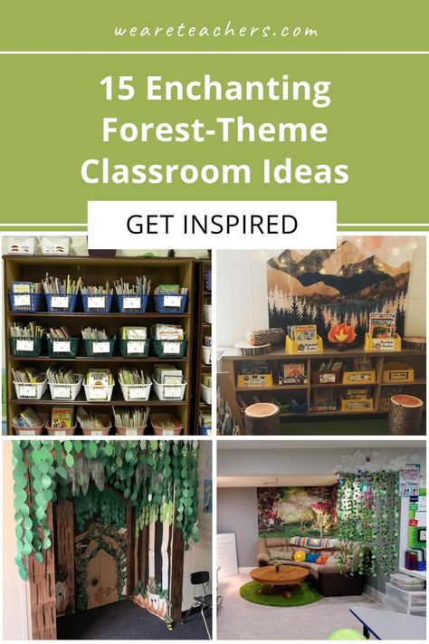 15 Forest-Theme Classroom Ideas That Are Truly Enchanting Tropical Forest Classroom Theme, Trees In Classroom, Woodlands Theme Classroom, Preschool Classroom Decor Nature, Wood Theme Classroom Decor, Forest Themed Preschool Classroom, Magic Forest Classroom Theme, Forest Library Theme, Tree Theme Classroom