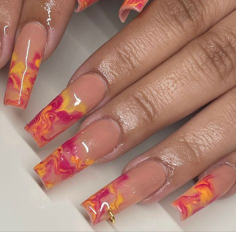 Pink and orange marble nail Ambre Nails, Marble Acrylic Nails, Orange Acrylic Nails, Orange Marble, Orange Nail Designs, Pedicure Nail Designs, Marble Nail, Long Acrylic Nail Designs, Plaid Nails