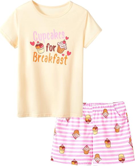 Amazon.com: Pajamas for Girls Cute Cupcakes Comfy Summer 2-Piece Clothe Set Kid Size 8: Clothing, Shoes & Jewelry Cupcake Butterfly, Soft Pjs, Cute Pink Top, Girls Pyjamas, Kids Pajamas Girls, Yellow Cupcakes, Cute Pajamas, Holiday Pajamas, Girls Pajamas