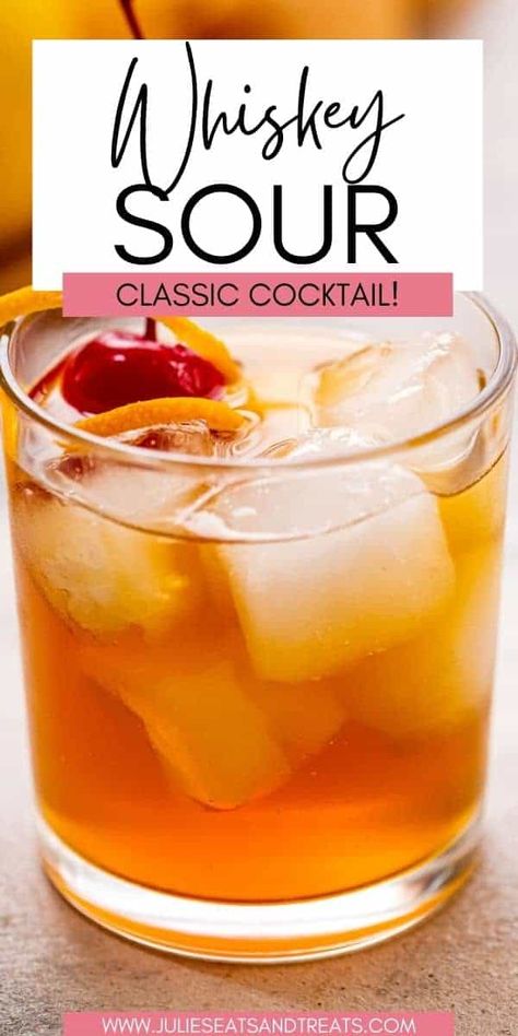 Want to make a classic Whiskey Sour? This classic cocktail comes from the family of sour drinks. The tartness is balanced out with the sweetness of whiskey and maple or simple syrup. It's the perfect drink to mix for happy hour, party or just because. Sour Mix Recipe Cocktails, Whisky Sour Recipe, Whiskey Mixed Drinks, Whiskey Drinks Recipes, Whiskey Sour Recipe, Sour Drink, Happy Hour Party, Whiskey Recipes, Whisky Sour